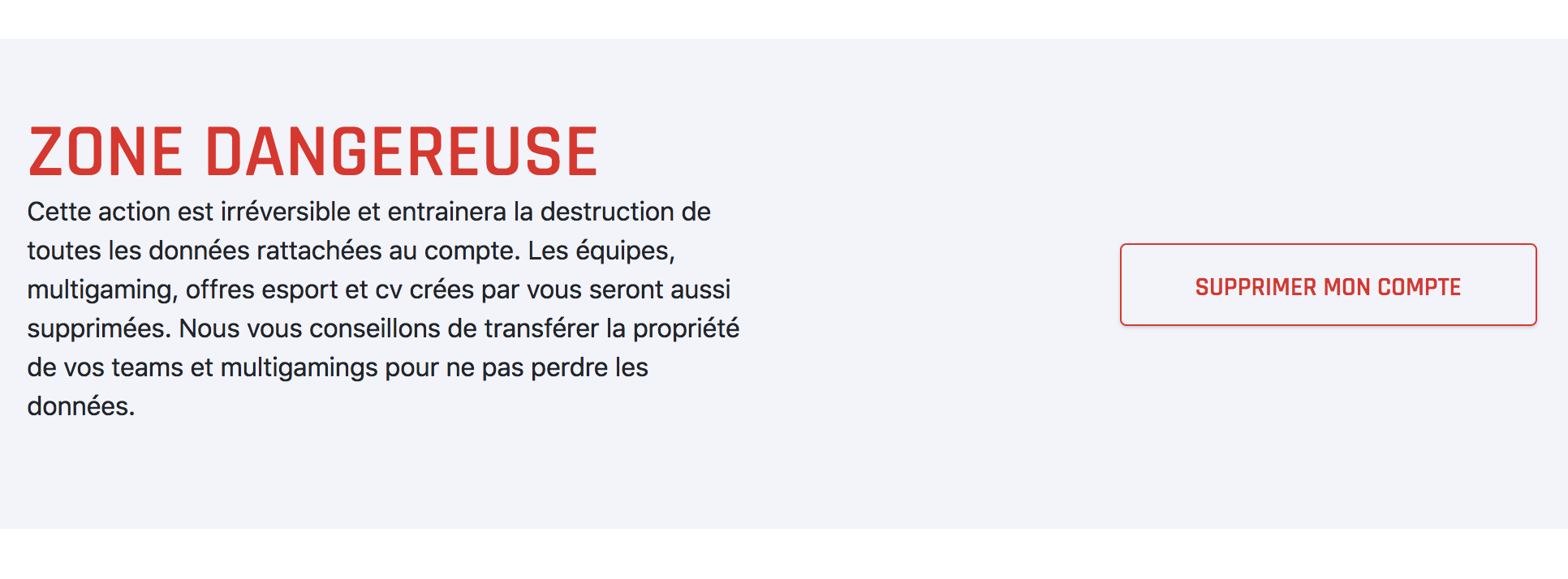 Bas de la page Mon compte, avec la zone dangereuse
