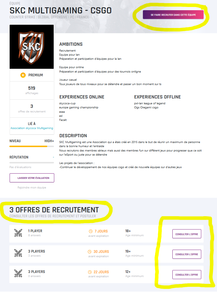 Page d'une équipe affichant ses offres de recrutement actives