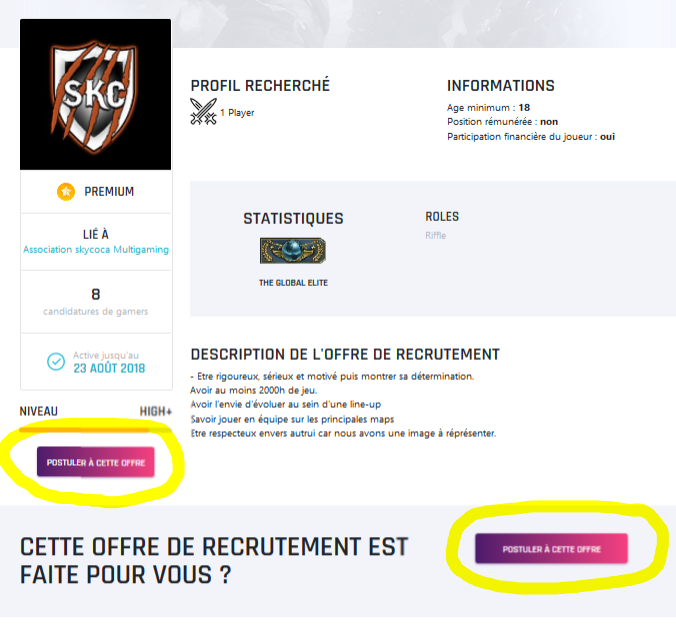 Offre de recrutement avec le bouton pour postuler
