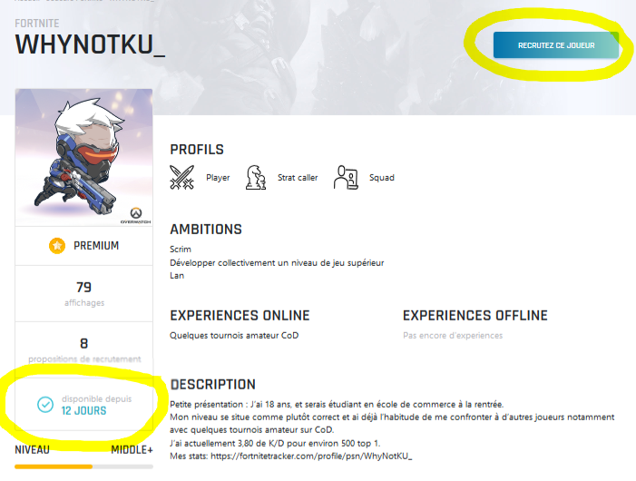 CV d'un joueur avec le bouton de recrutement