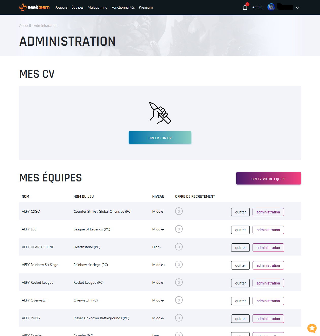 Liste des CV, équipes et multigaming dans l'administration