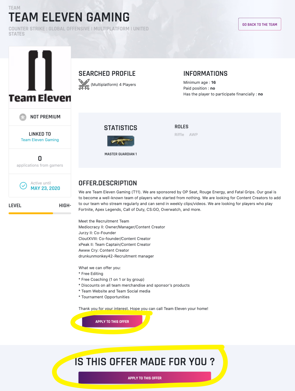A recruitment offer with the apply button