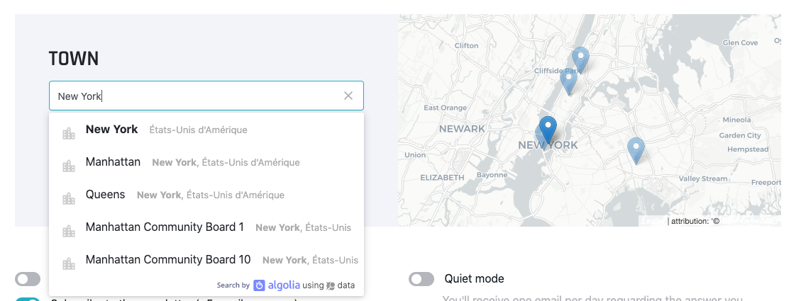 Typing a town in the account location field