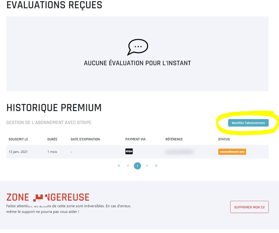Bloc Historique Premium avec le bouton de modification de l'abonnement